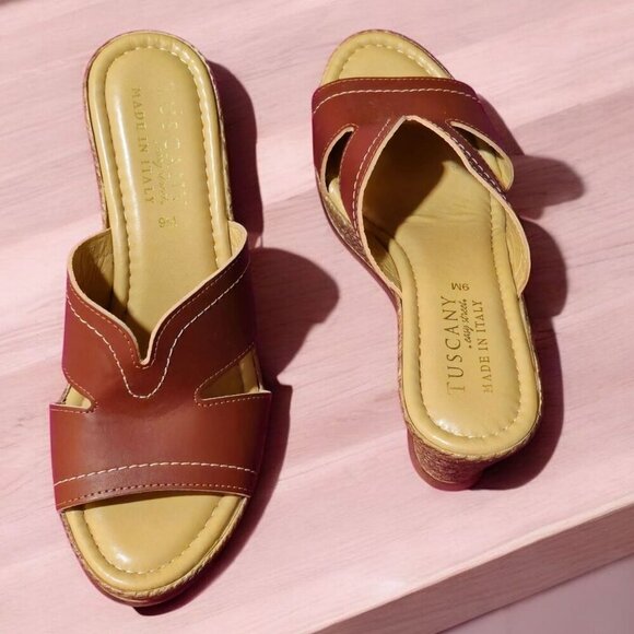 Tuscany Easy Street Leather Wedge Slides | Brown Open Toe Made in Italy Sz 9 - Picture 3 of 9